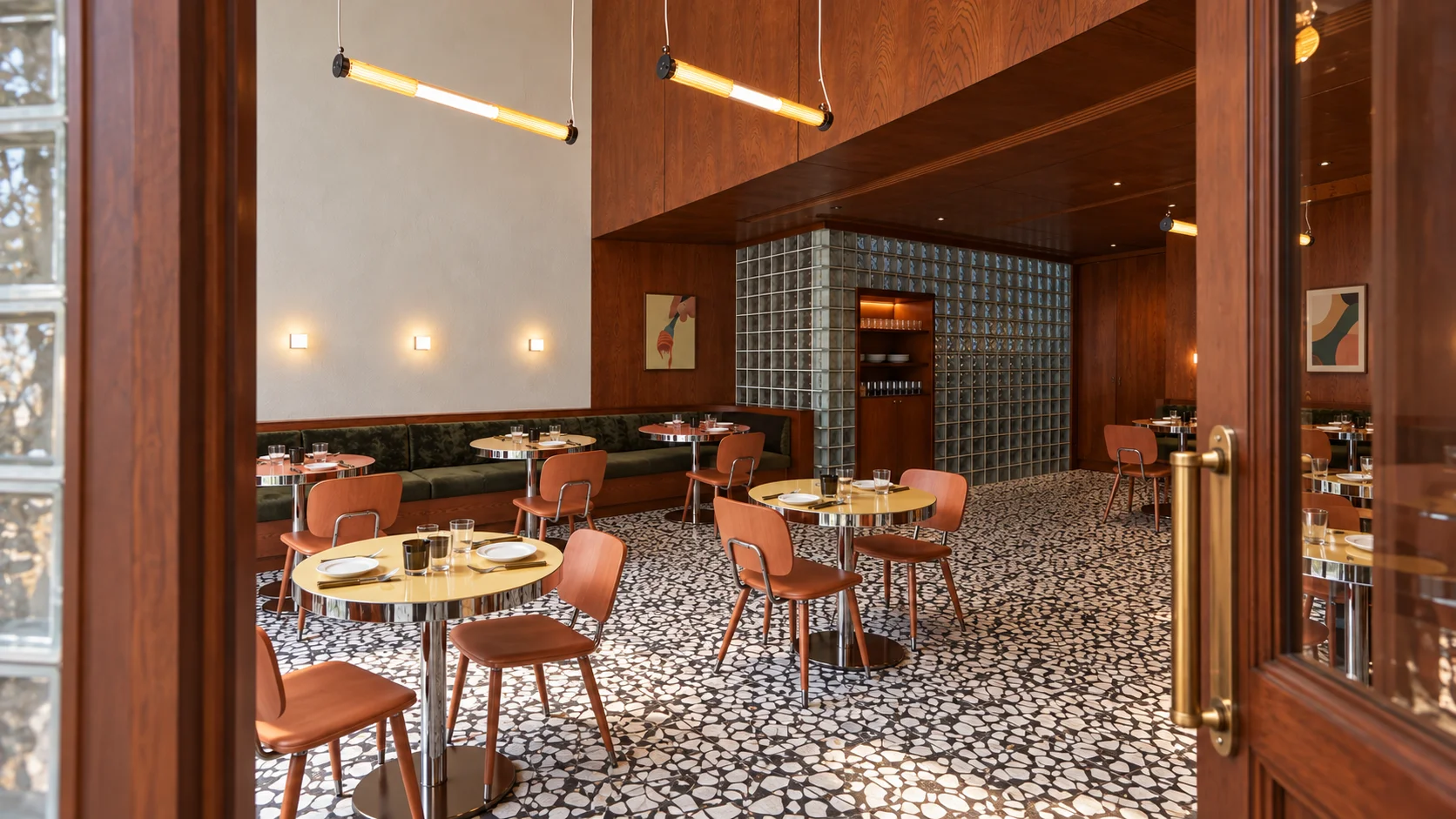 The open wood-and-glass entrance welcomes you into the dining room