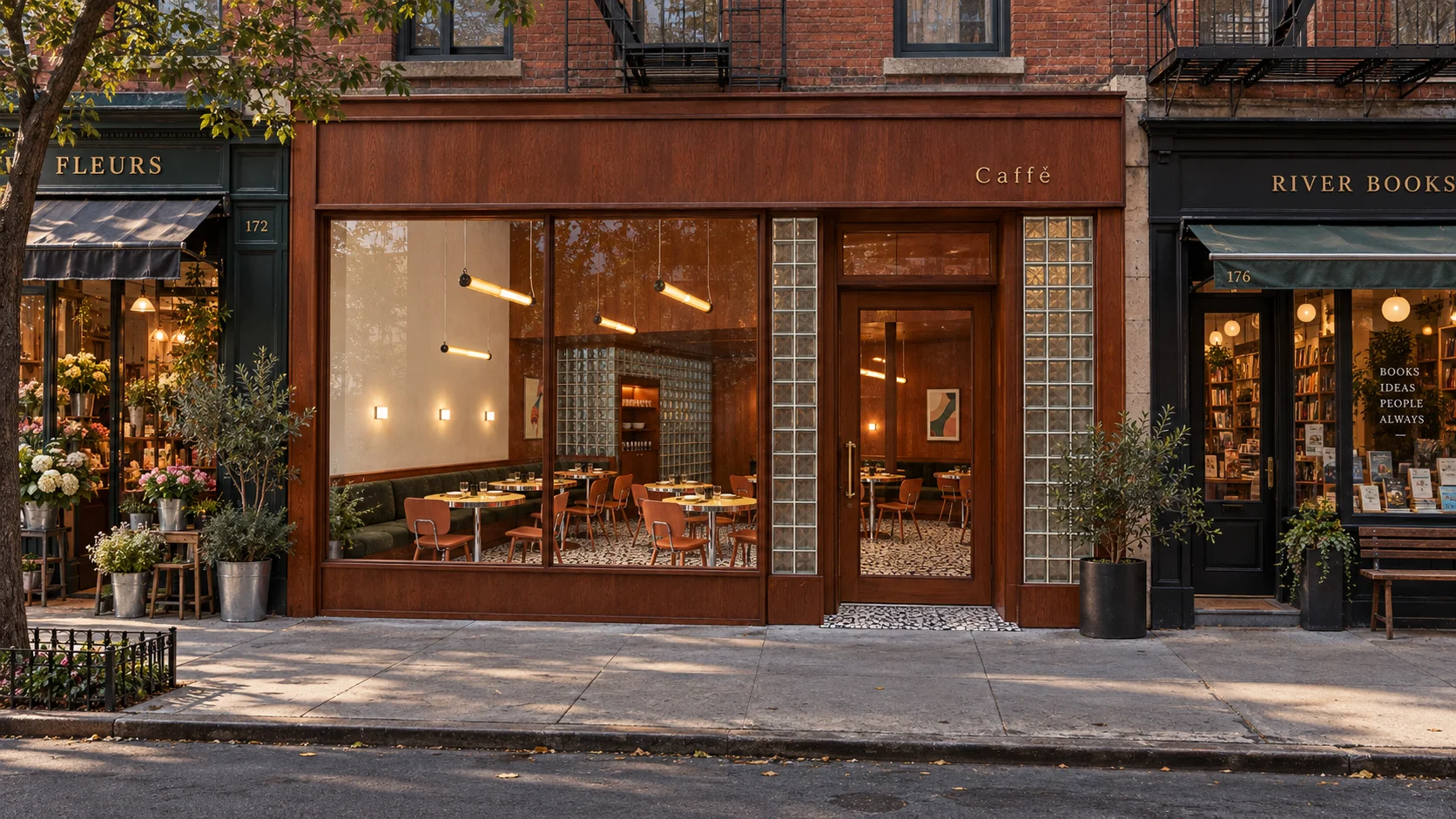 The imagined Neal and Bella storefront between a flower shop and bookstore on a New York block