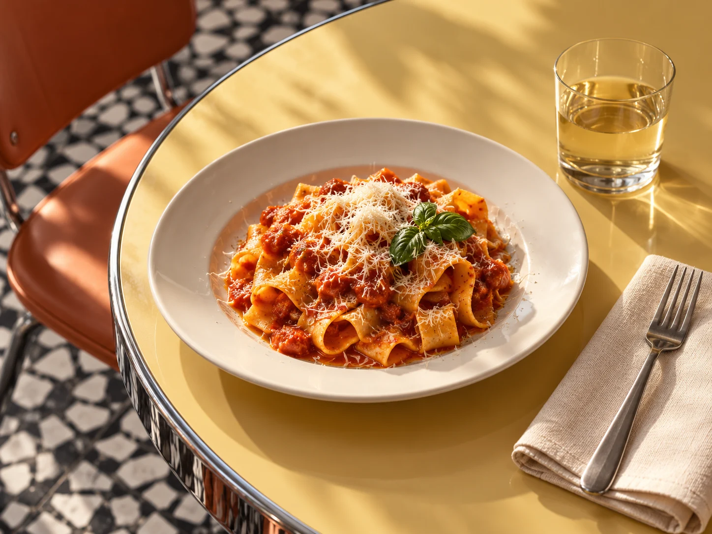Illustrative ribbon pasta with tomato, basil, and parmesan on a pale yellow café table